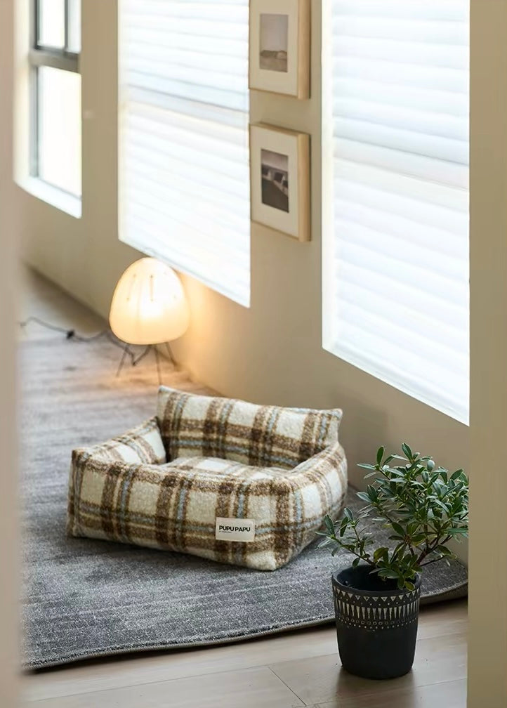 Removable & Washable Cozy Plaid Bouclé Pet Sofa Bed
